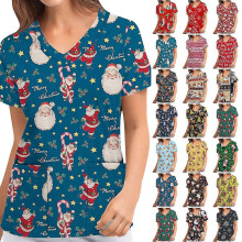 (Blue, 2XL) Christmas Women Nursing Uniform Scrub Short Sleeve T-shirt Xmas Blouse Tee Tops V Neck