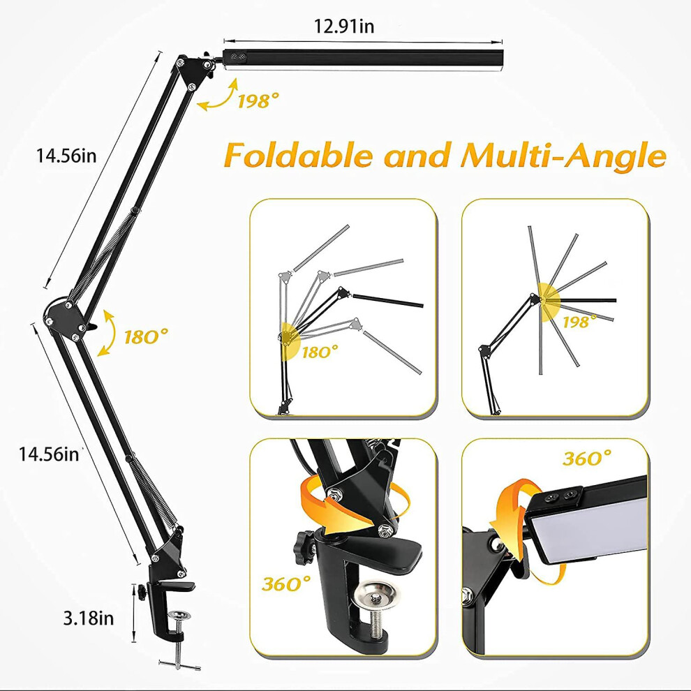 Led Swing Arm Clamp Table Lamp, Dimmable, Modern Architectural Reding Light For Study And Reading Work