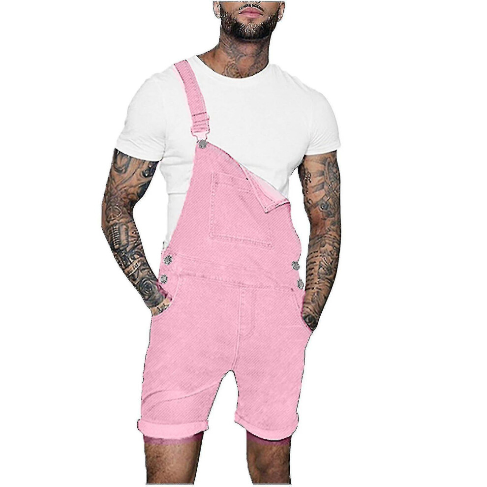 Men Casual Fashion Solid Breast Pocket Denim Shorts Straight Type Overalls - B