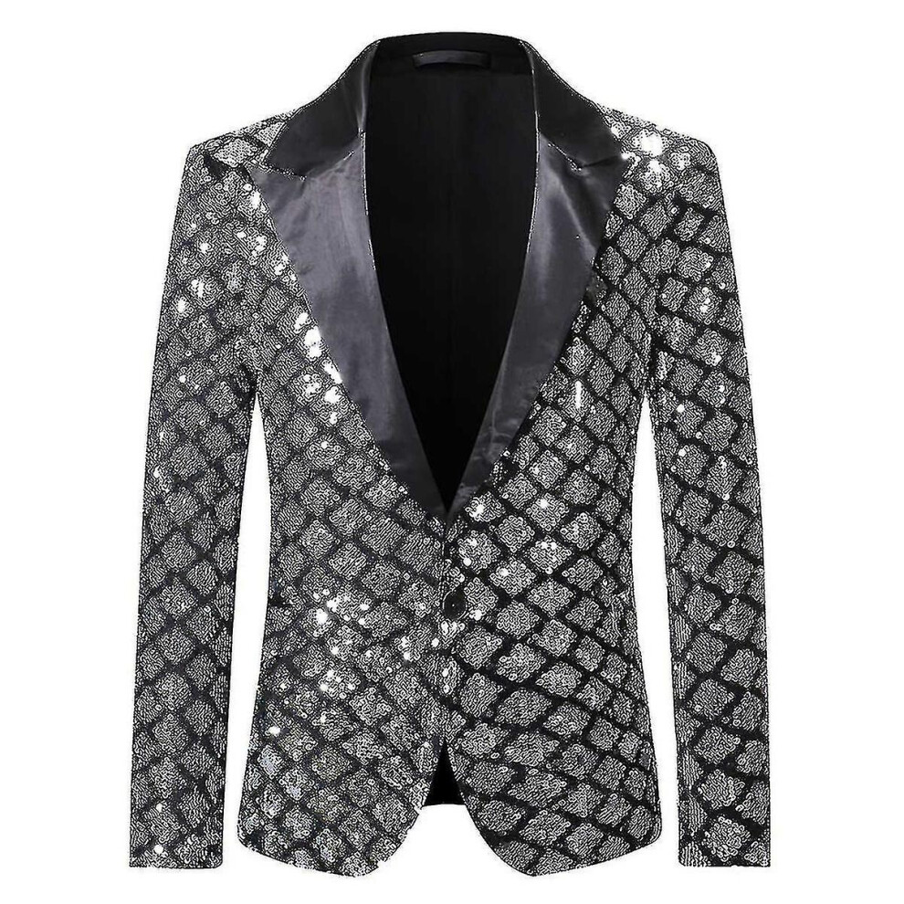 Mens One-button Glittery Casual Formal Diamond Sequin Peaked Lapel Wedding Blazer