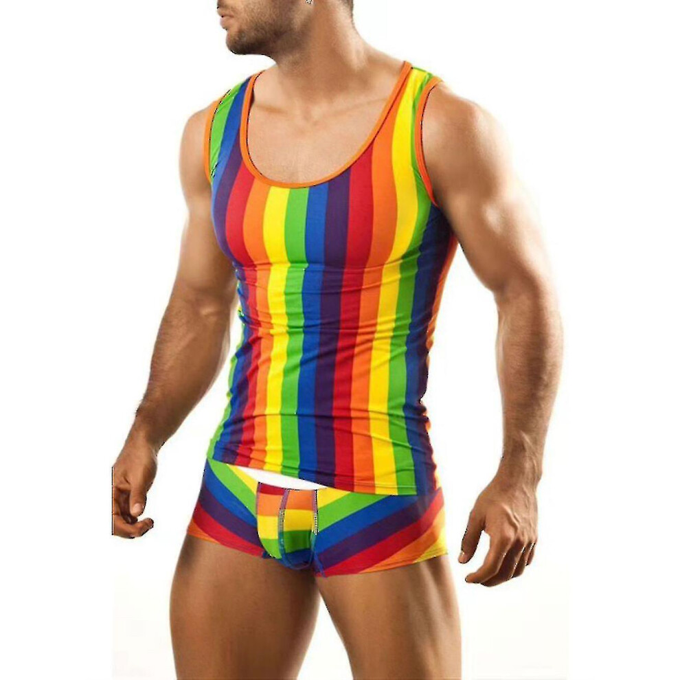 Mens Rainbow Printed Vest With Shorts Outfits Sets Nightwear_f-9