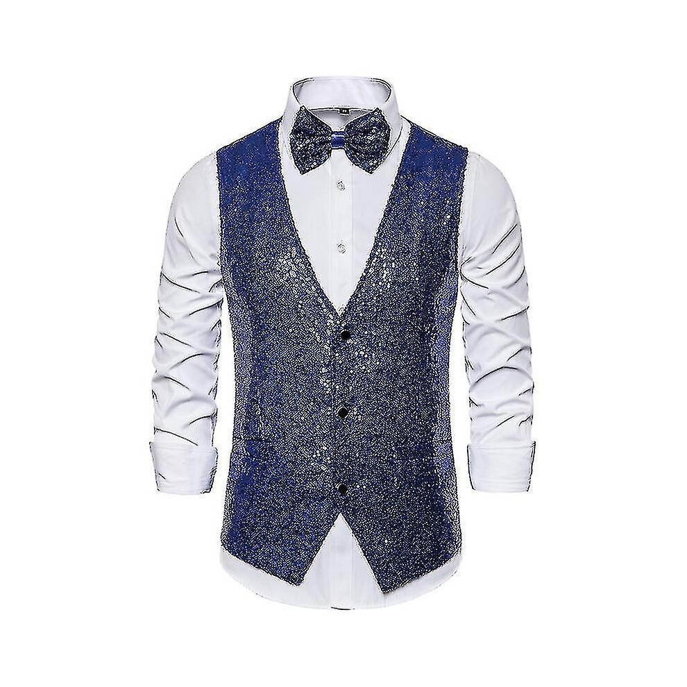 Men's Sequin Vest Shiny Suit Vest V-neck Waistcoat With Bowtie