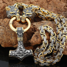 Men Stainless Steel Wolf Head Norse Viking Amulet Thor Hammer Pendant Necklace Viking King Chain