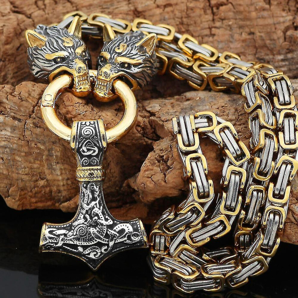 Men Stainless Steel Wolf Head Norse Viking Amulet Thor Hammer Pendant Necklace Viking King Chain