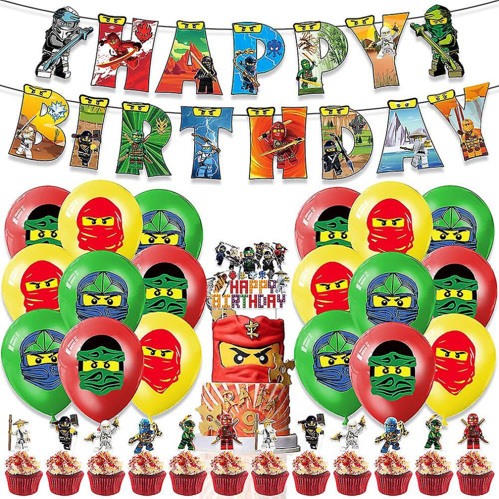 Ninjago Theme Kids Children Boys Fans Happy Birthday Party Decoration Decors Balloon Banner Cupcake Toppers Kit Set