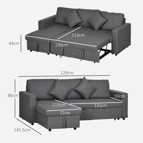 Homcom HOMCOM Corner Sofa Bed with Storage, 3 Seater Pull Out Sofa Bed, Dark Grey 1