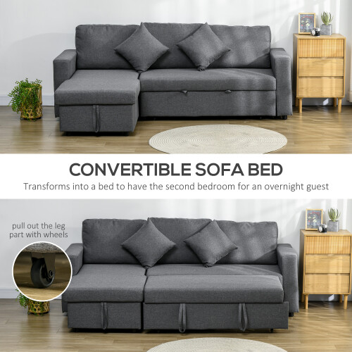 Homcom HOMCOM Corner Sofa Bed with Storage, 3 Seater Pull Out Sofa Bed, Dark Grey 2
