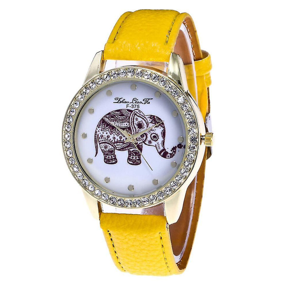 Quartz Watch Elephant Print Glass Mirror Round Dial Pu Leather Band Watch