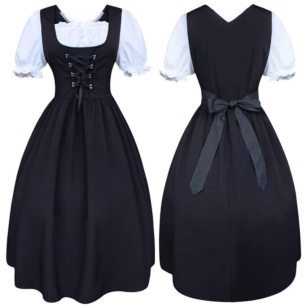S-5xl Women's Midi Dirndl Dress 2-pieces With Apron And Blouse Black White