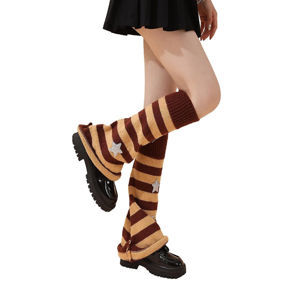 (Beige brown stripes) Girls Lolitas Leg Warmers Y2k Star Knitted Flared Leg Sleeves Goth Baggy Cuff Ankle Heap Socks Jk Uniform Foot Cover