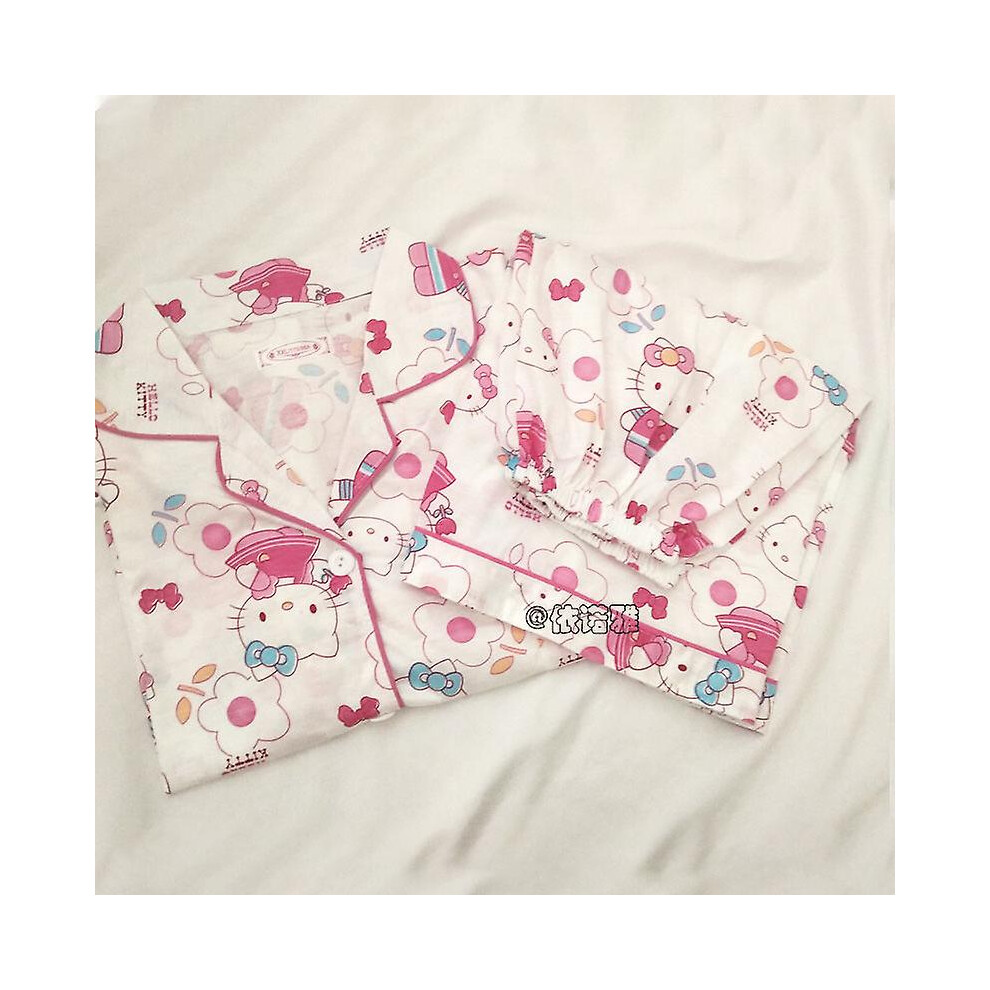 (XXL) T-shirt Ins Kawaii Hello Kitty Sanrio Pajamas Short Sleeve Hello Kitty Pajamas Women's Short-sleeved Shorts Cute Cartoon Knitted