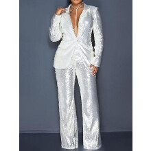 (white, S) New Arrivals Ladies Fashion Sequins Elegant Solid Color Suits Two Piece Sets Long Blazer And Pants Set Business Suits For Women