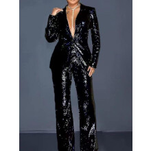 (Black, XL) New Arrivals Ladies Fashion Sequins Elegant Solid Color Suits Two Piece Sets Long Blazer And Pants Set Business Suits For Women