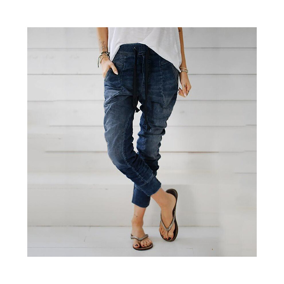 Womens Drawstring Elastic Waist Jeans With Pockets Ladies Denim Pants Trousers