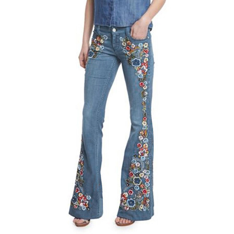 Womens Jeans Women Embroidery Destoryed Flare Jeans Button Waist Bell Bottom Denim Pants