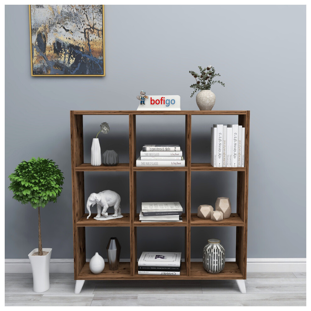 (Burnt Oak ) 9 Cube Square Bookcase With Legs Cabinet Storage