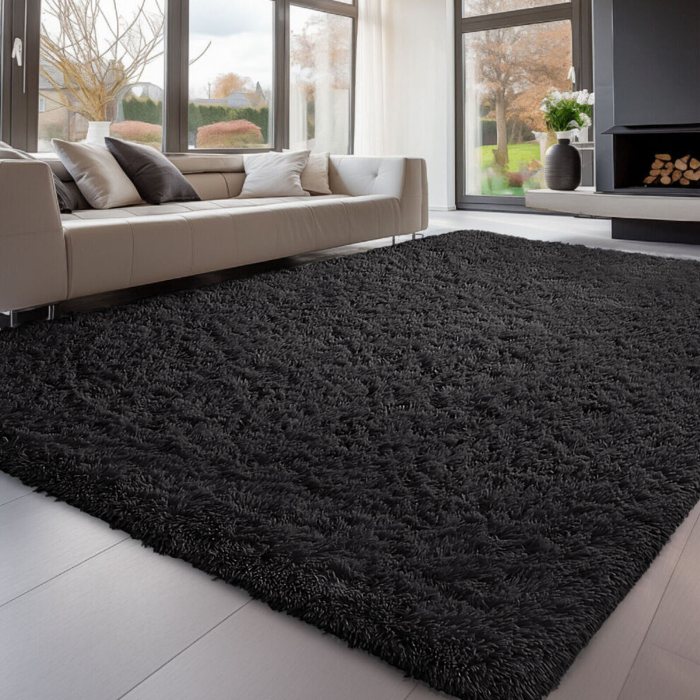 (160cm x 230cm (5ft 3" x 7ft 6")- Large Area Rug) Black Rugs Carpet Runner Mat Fluffy Shaggy Rug