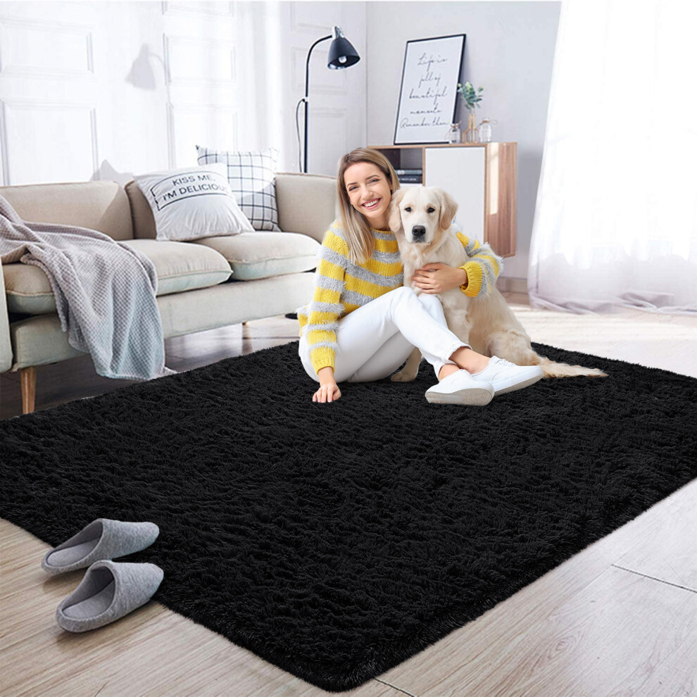 (120cm x 170cm (4ft x 5ft 6")- Area Rug) Black Rugs Carpet Runner Mat Fluffy Shaggy Rug