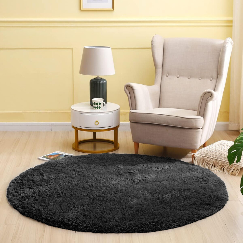 (120cm x 120cm (4ft x 4ft)- Circle Round Rug) Black Rugs Carpet Runner Mat Fluffy Shaggy Rug