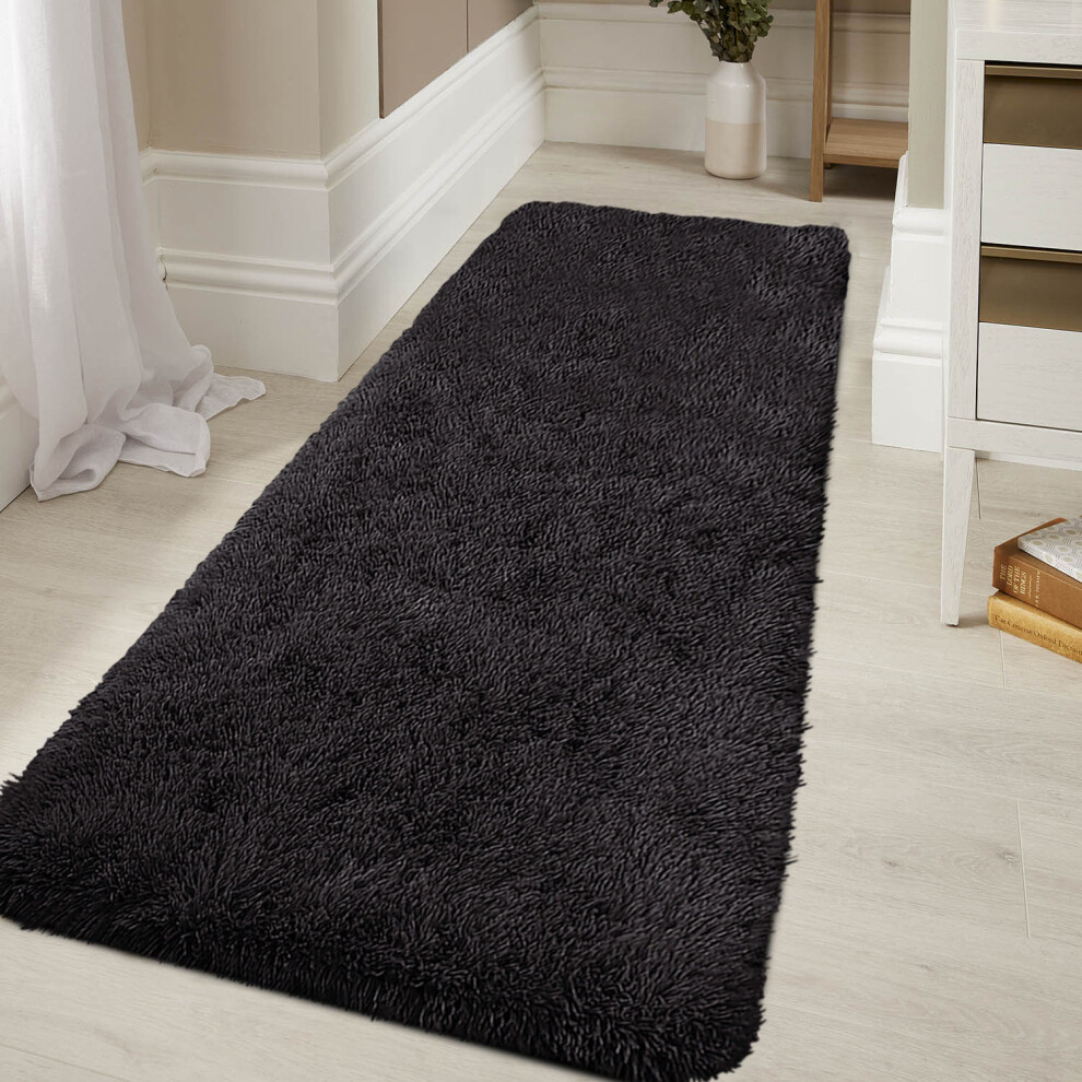 (60cm x 220cm (2ft x 7ft 3")- Runner Rug ) Black Rugs Carpet Runner Mat Fluffy Shaggy Rug