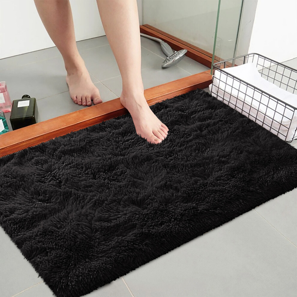 (50cm x 80 cm (1 ft 6 in x 2 ft 6 in)- Small Door Mat OR Bath Mat) Black Rugs Carpet Runner Mat Fluffy Shaggy Rug