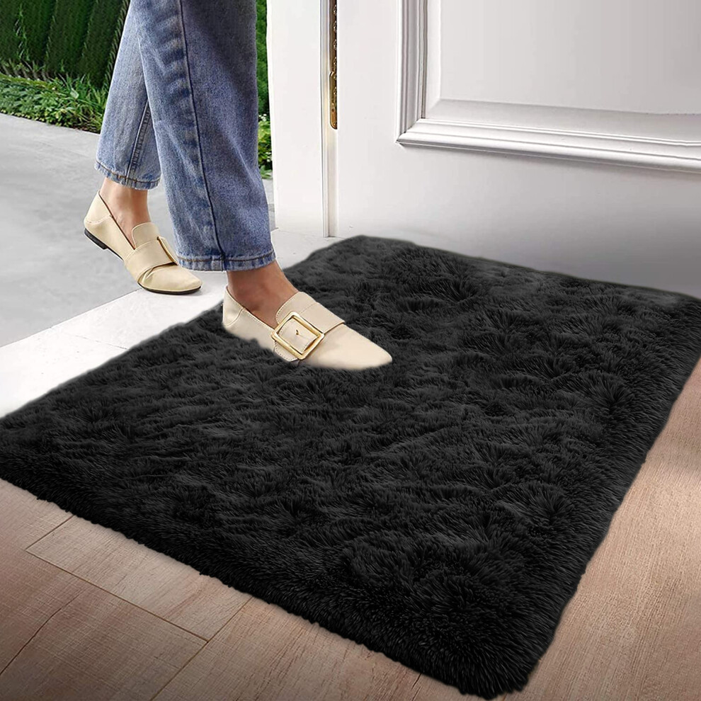 (60cm x 110cm (2ft x 3ft 7")- Large Door Mat OR Bath Mat) Black Rugs Carpet Runner Mat Fluffy Shaggy Rug