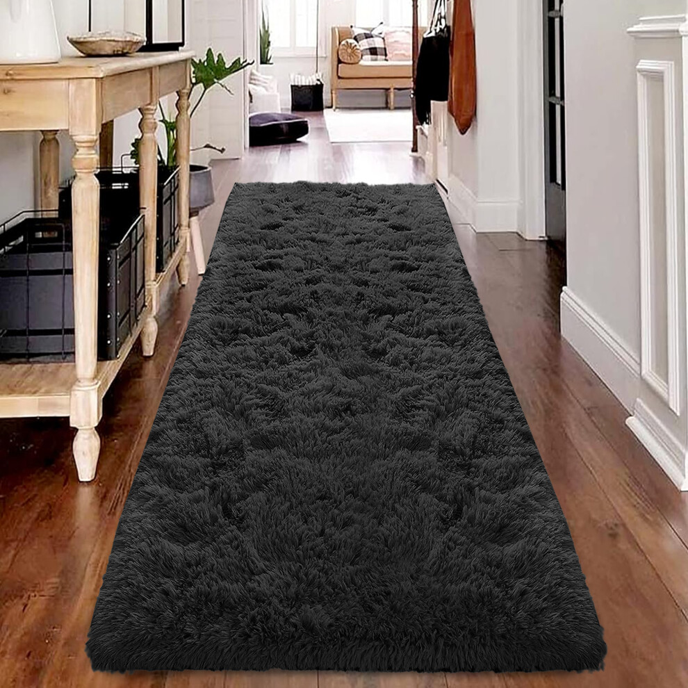 (80cm x 150cm (2ft 6" x 5ft)- Large Runner Rug) Black Rugs Carpet Runner Mat Fluffy Shaggy Rug