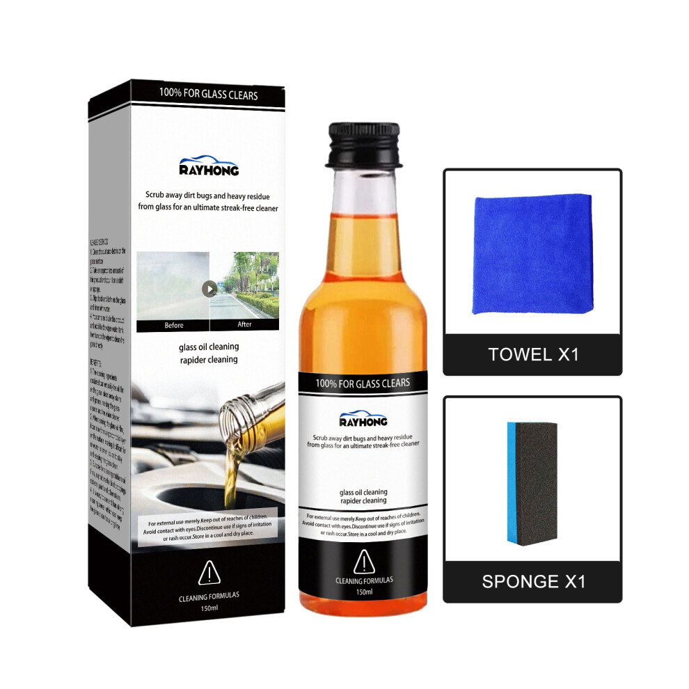 (150Ml*1+Towel*1+Sponge*1) Glass Oil Film Remover, Front Windshield Oil Film Remover, Car Window Stain Remover 9381372510115