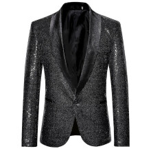 (Black, L) Mens Fashion Sequin Casual Blazer Wediing Celebration Suit Jacket