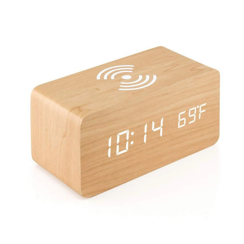 Wooden Digital Alarm Clock Wireless Charging Charger LED Display