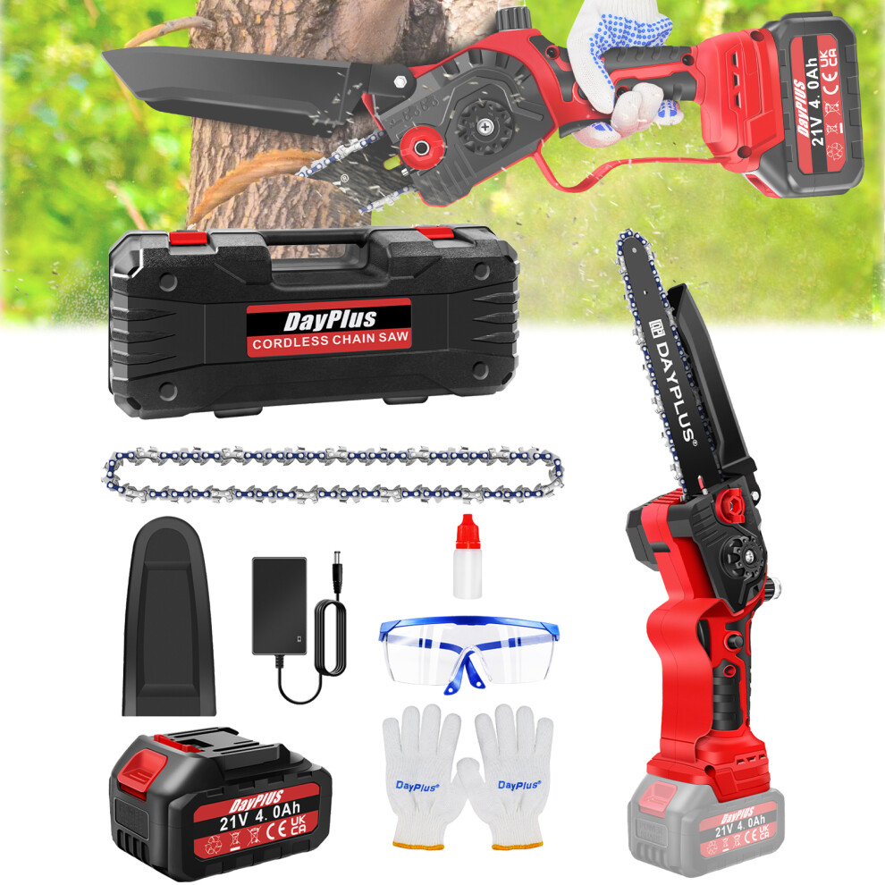 (2x4.0Ah Batteries) Mini Chainsaw 8Inch, Cordless Chainsaw Brushless with 2 Chains, Electric Power Chainsaw for Tree Branches, Courtyard, Household an