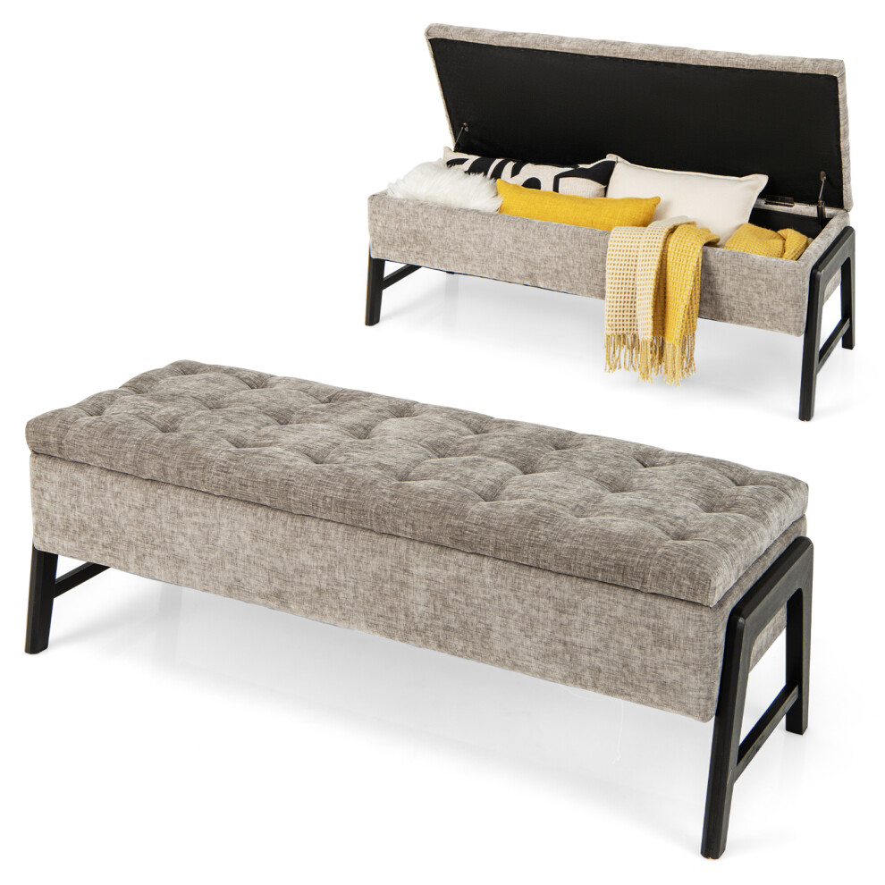 Chenille Bench Storage Tufted Ottoman Wood Legs Entryway Bedroom Grey