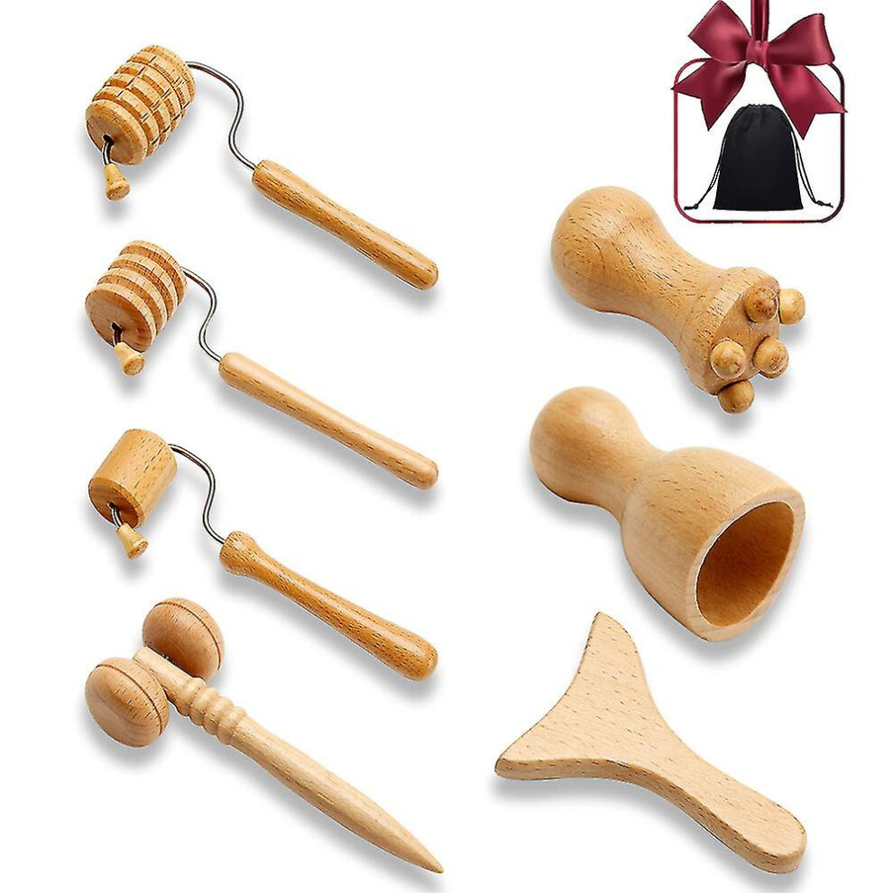 7pcs/set Face Massagers Gua Sha Tools Wood Therapy Meridian Massage Kit Roller Facial Lifting Masajeador Maderoterapia Scraper