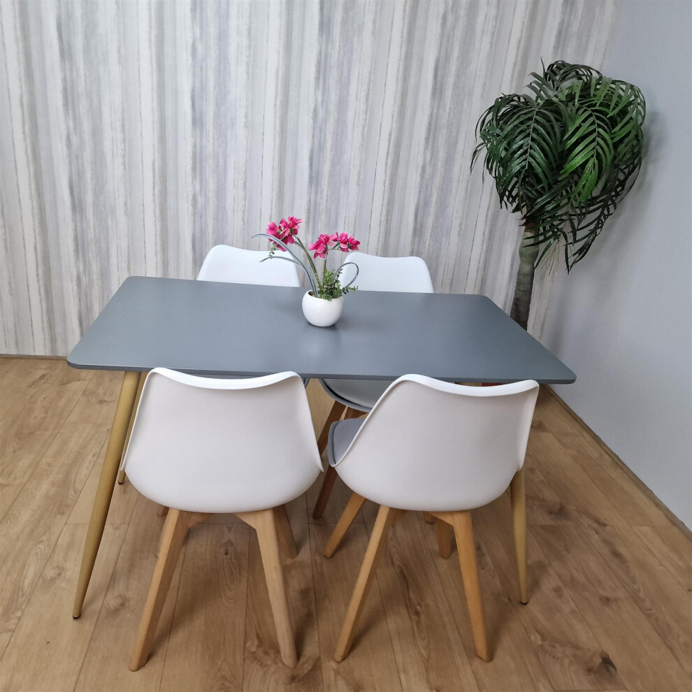 Dining Table and 4 Chairs Dark Grey Wood 4 White Plastic Leather Chairs Dining Room