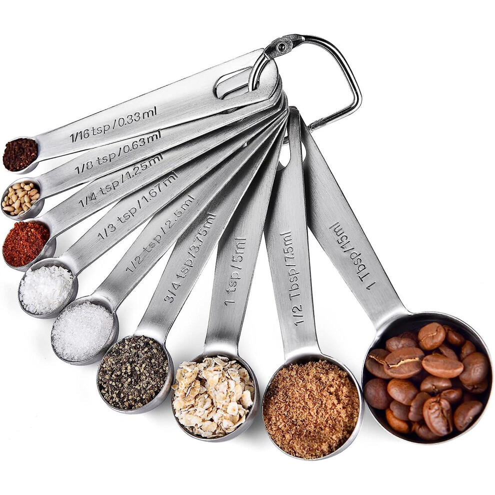 9 Pieces Measuring Spoons: 18/8 Stainless Steel Measuring Spoon (1/16 Tsp, 1/8 Tsp, 1/4 Tsp, 1/3 Tsp, 1/2 Tsp, 3/4 Tsp, 1 Tsp, 1/2 Tbsp