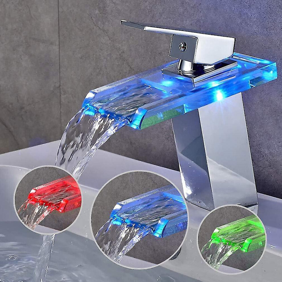 Basin Faucet With Rgb Led Waterfall Bathroom Mixer Tap With 3 Color Change Chrome Brass Glass Waterfall Faucet For Bathroom