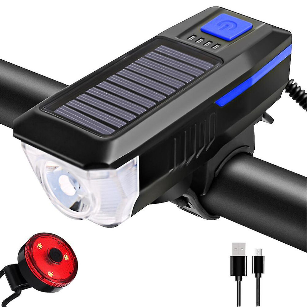 Bike Light Set And Horn Solar Powered Usb Rechargeable  Bicycle Headlight Taillight Combinations Front Back Light Tail Light Led Speaker_happyshop