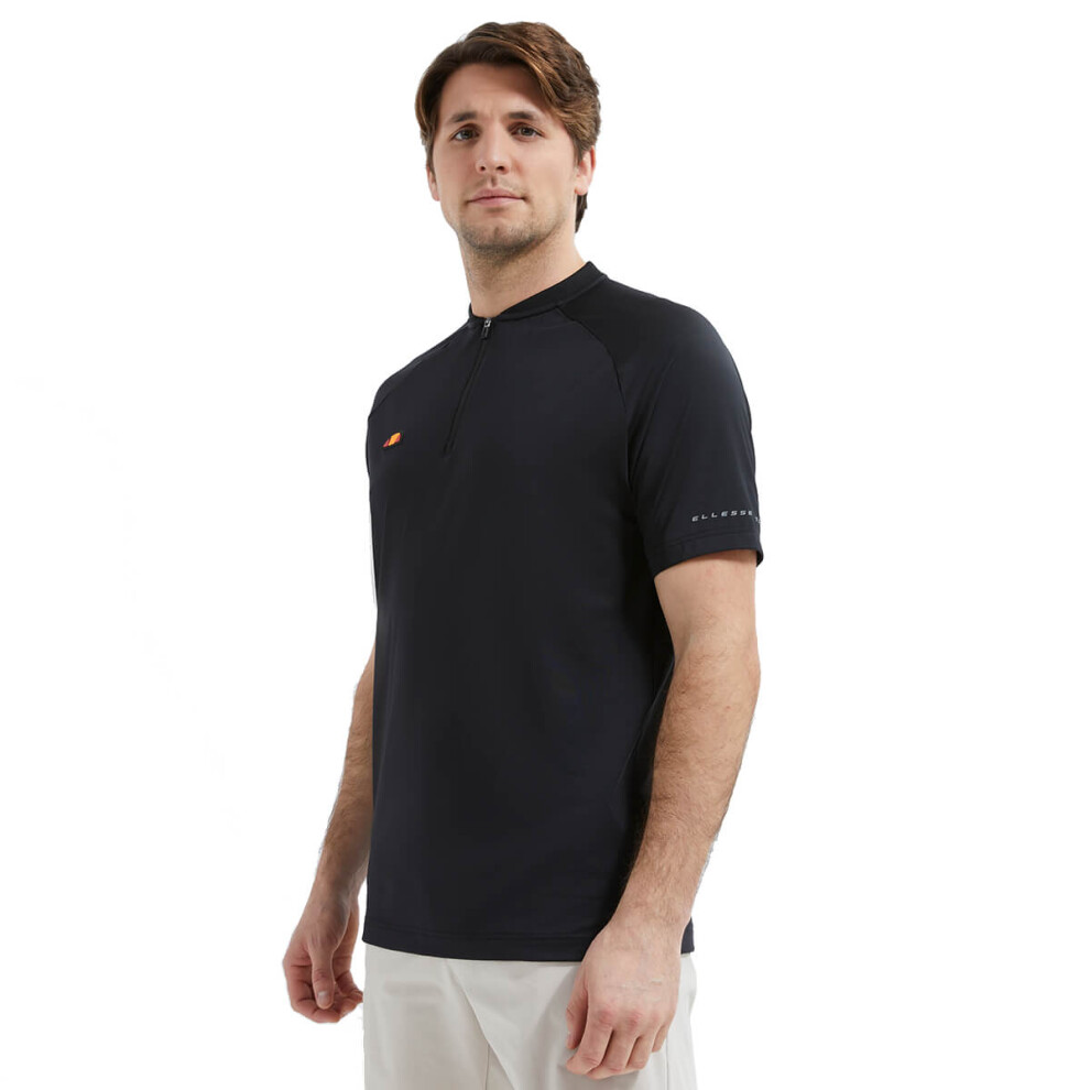 (M, Black) Ellesse Mens 2023 Rora Collarless Zipped Moisture Wicking Golf Polo Shirt