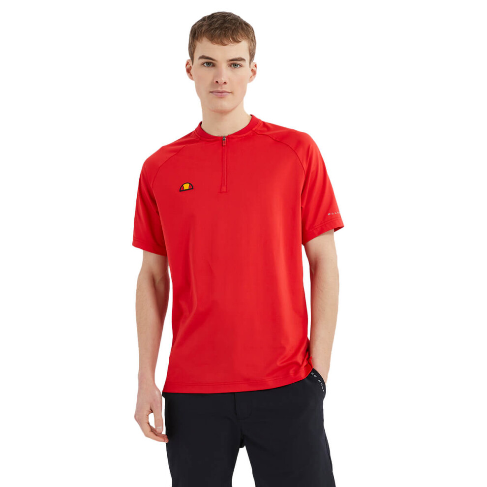 (M, Red) Ellesse Mens 2023 Rora Collarless Zipped Moisture Wicking Golf Polo Shirt