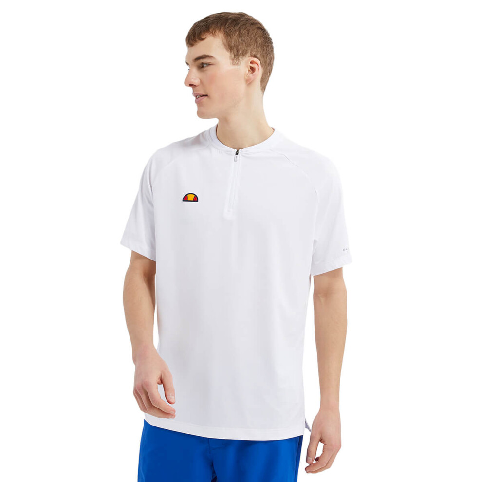 (M, White) Ellesse Mens 2023 Rora Collarless Zipped Moisture Wicking Golf Polo Shirt