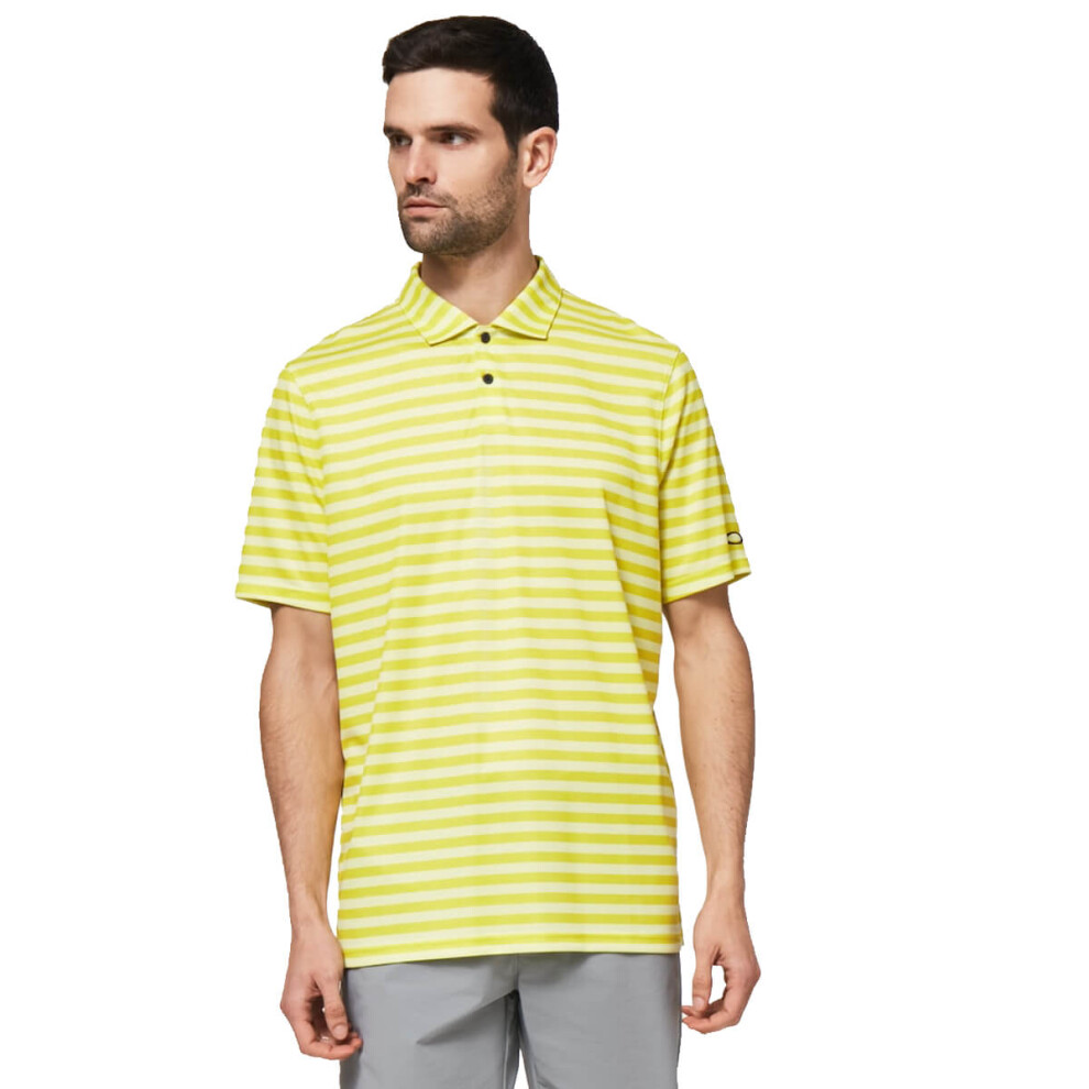 (M, Sunny Lime) Oakley Mens 2021 Step Shade Stripe RC Hydrolix Moisture Wicking Polo Shirt