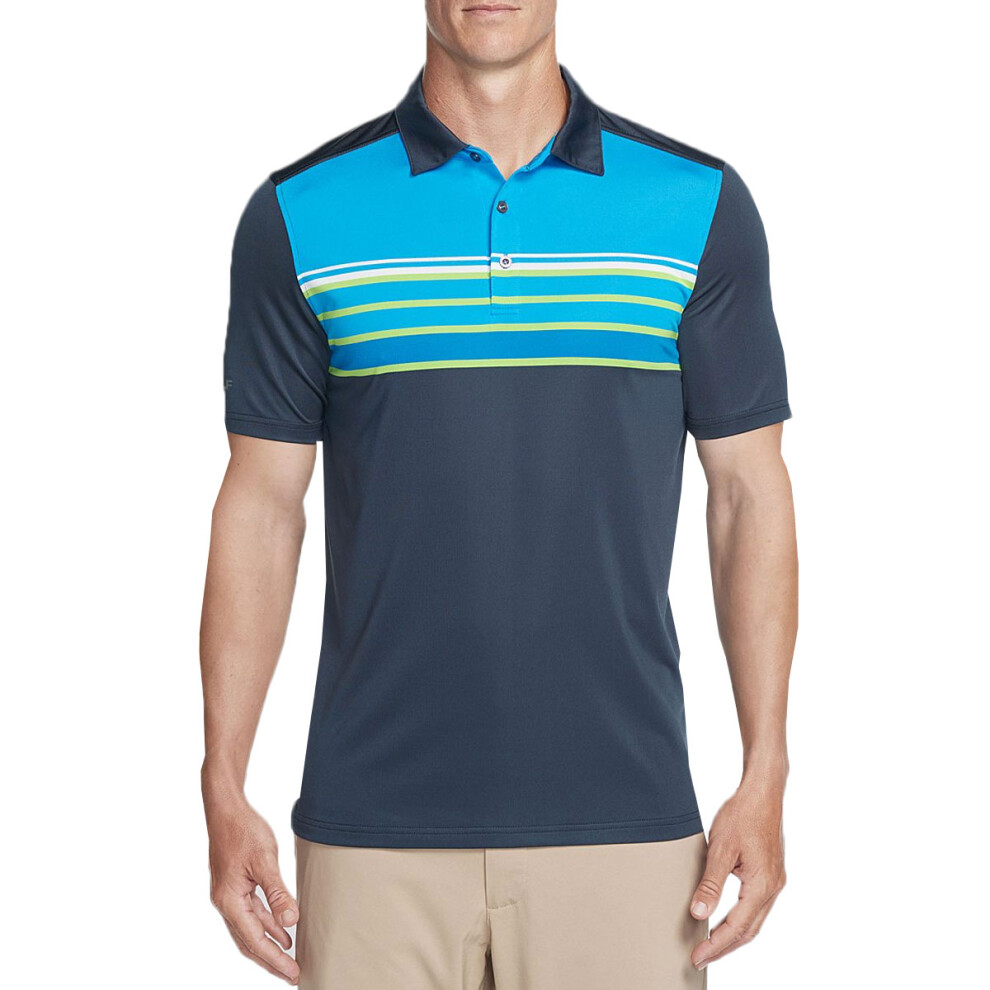 (S, Blue Iris) Skechers Golf Mens Backspin Stripe DNA Dry Stretch Performance Polo Shirt