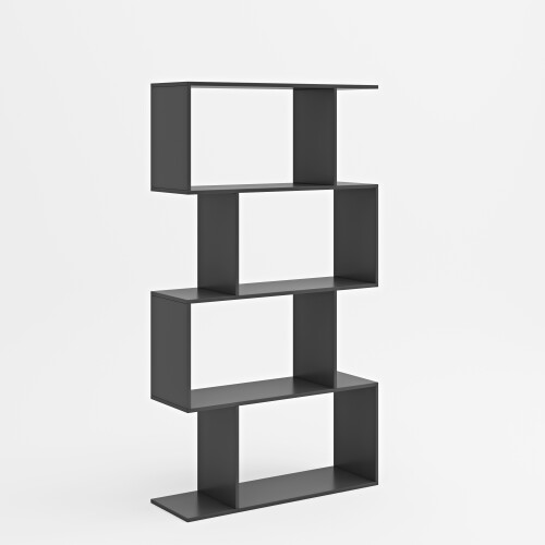 (Black) S-Shaped Bookshelf Wooden 4-tier Storage Bookcase 2