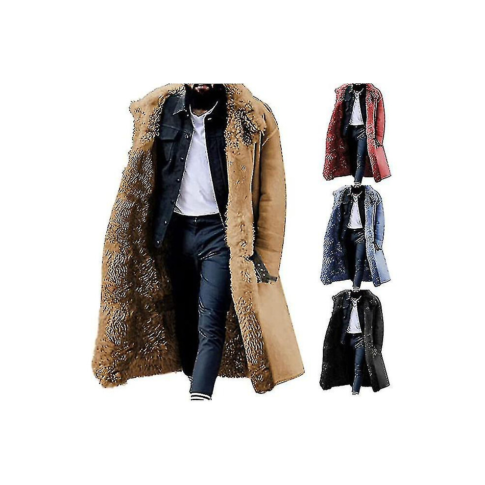 (L) Mens Faux Fur Fleece Winter Overcoat, Vintage Long Length Warm Peacoat Jacket