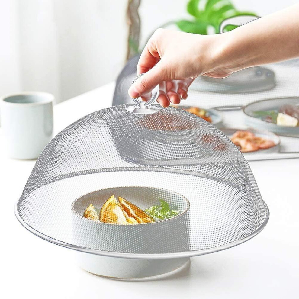 Food Cloches- 2 Round Metal Mosquito Repellent Fly Tent Dome Mesh Food Cover With Rotating Handle, Reusable Screen Net Protectors, White/30 X 13.5