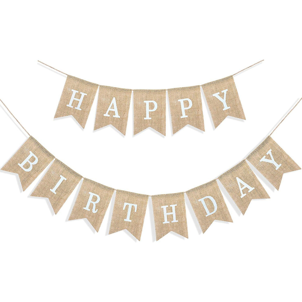 Happy Birthday Banner For Birthday Party Decorations, Rustic Burlap Bunting Chevron, 2 In 1, Linen White