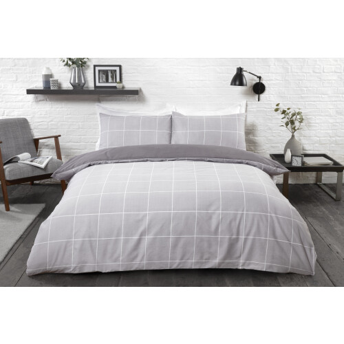 (Super King) Reversible Polycotton Grid Check Duvet Cover Set