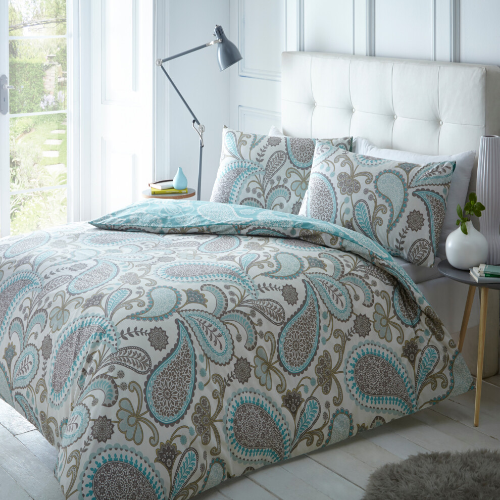 Sleepdown (Super King) Reversible Polycotton Paisley Duvet Cover Set - Teal Blue