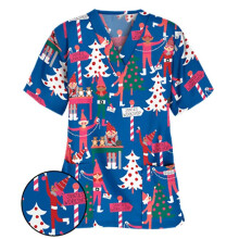 (Xmas Tree Blue, 2XL) Christmas Women Nursing Uniform Scrub Short Sleeve T-shirt Xmas Blouse Tee Tops