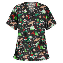 (Dinosaur Black, M) Christmas Women Nursing Uniform Scrub Short Sleeve T-shirt Xmas Blouse Tee Tops